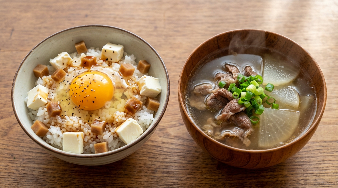 いぶりがっこクリームチーズの卵かけごはんと、牛肉と大根の旨みスープ