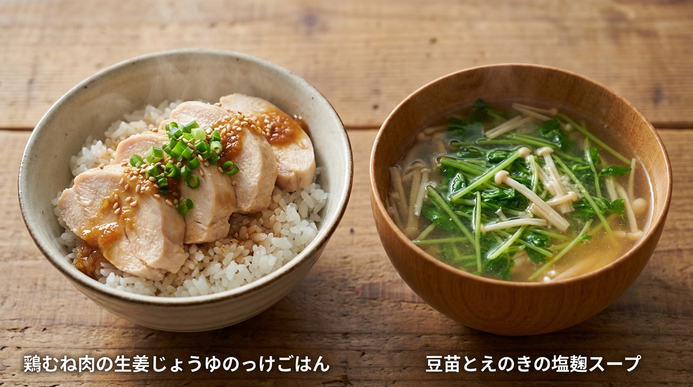 鶏むね肉の生姜じょうゆのっけごはんと、豆苗とえのきの塩麹スープ