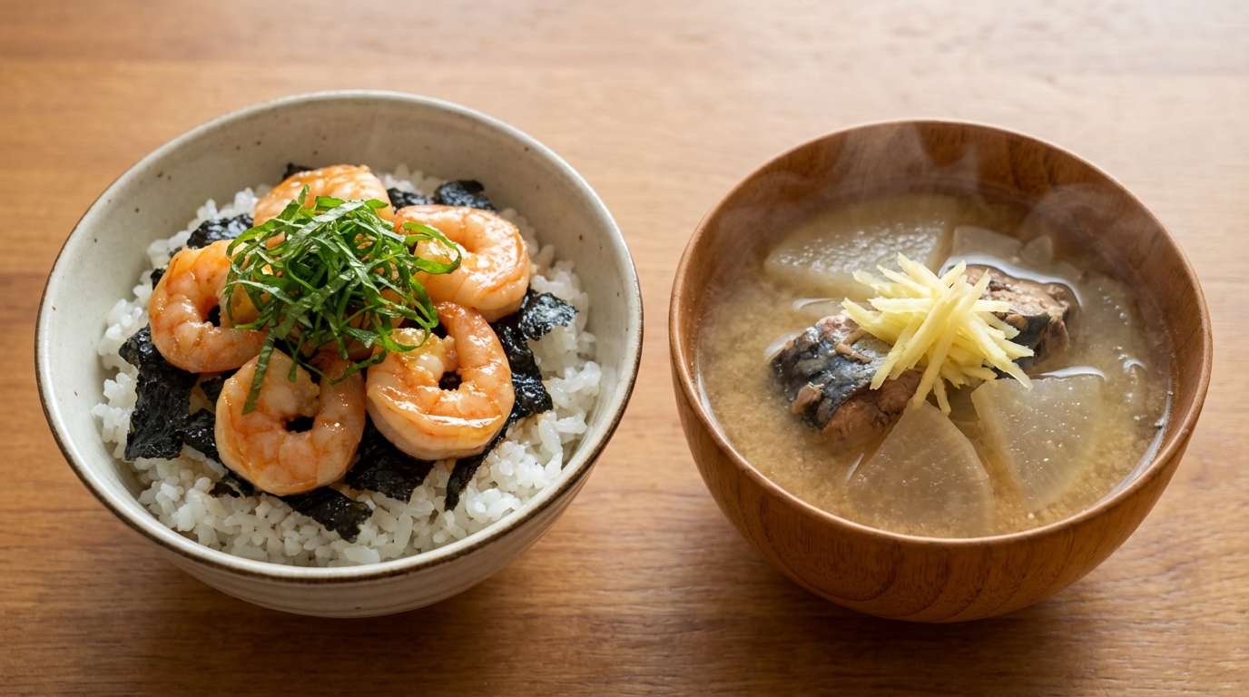 えびのレモンしょうゆのっけごはんと、さば缶と大根のしょうがスープ