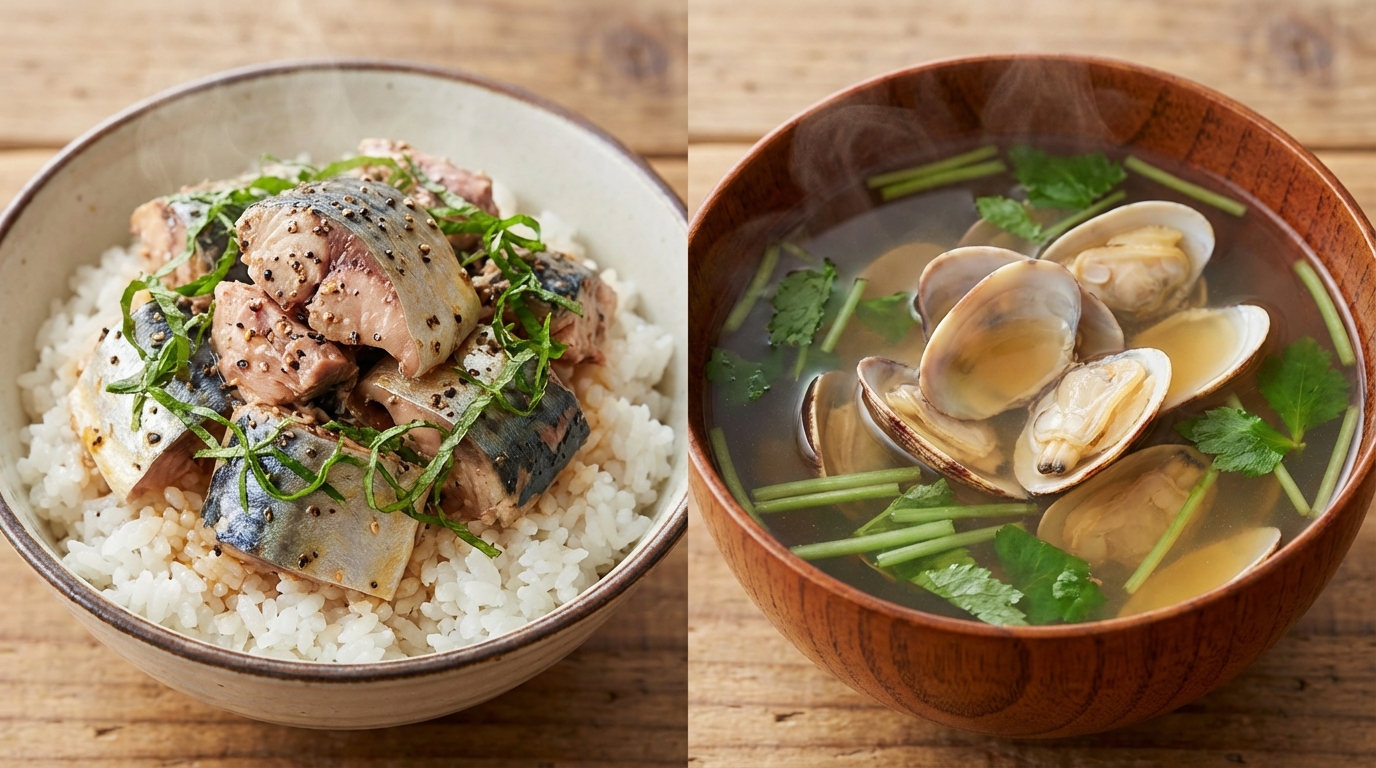 さば缶の黒こしょうポン酢のっけごはんと、あさりとみつばの滋味深いすまし汁