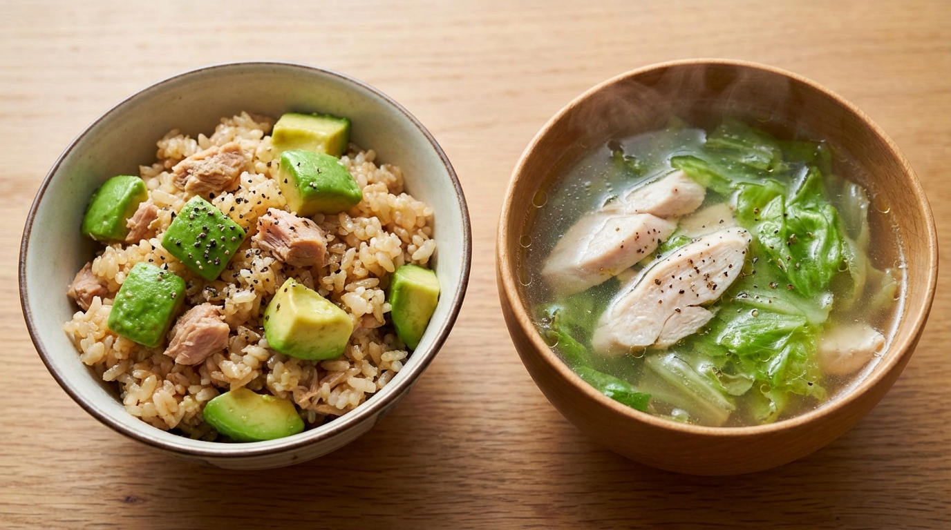 ツナとアボカドのレモンしょうゆ混ぜごはんと、鶏ささみとレタスの塩スープ