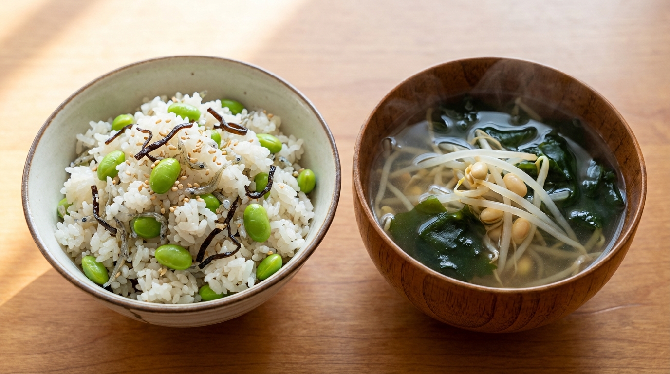 ちりめんじゃこと枝豆の塩昆布混ぜごはんと、豆もやしとわかめのすっきりスープ