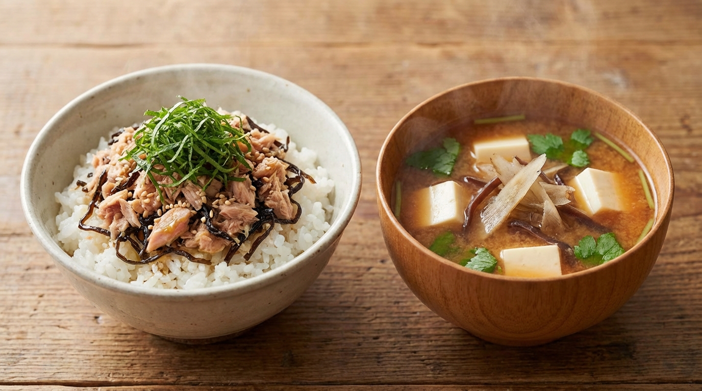 ツナと塩昆布の香り豊かなのっけごはんと、ごぼうときくらげの食感みそ汁