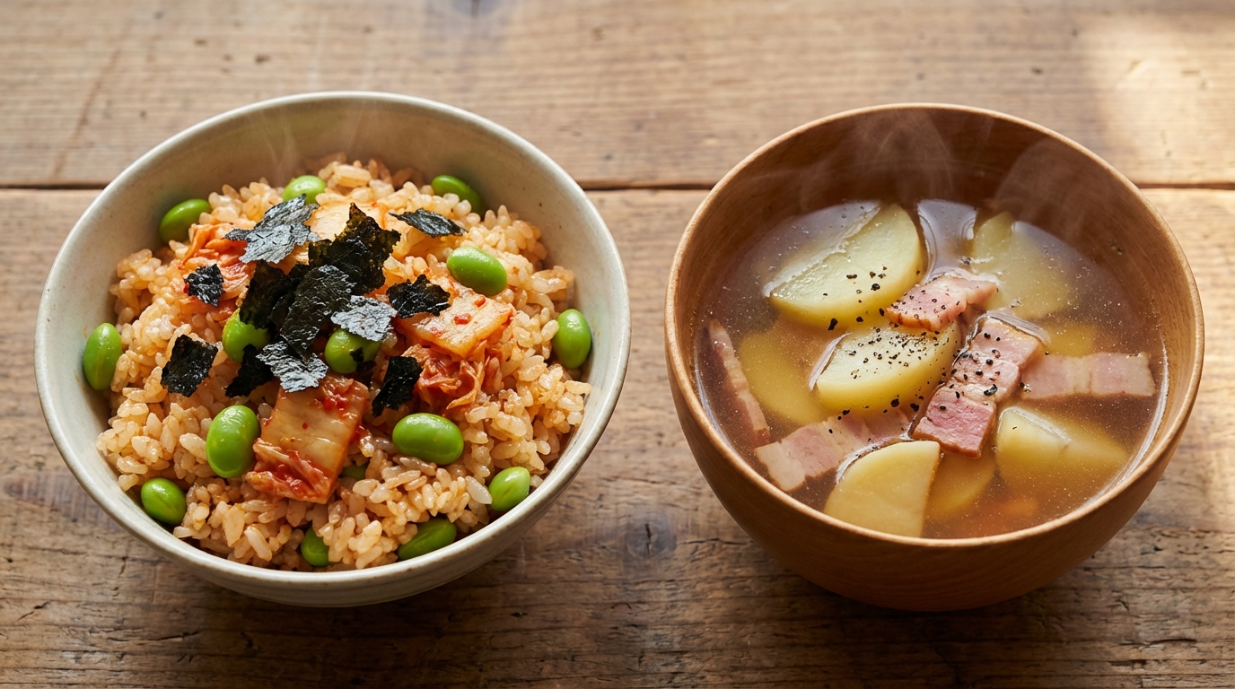 枝豆とキムチのピリ辛混ぜごはんと、じゃがいもとベーコンのコンソメスープ