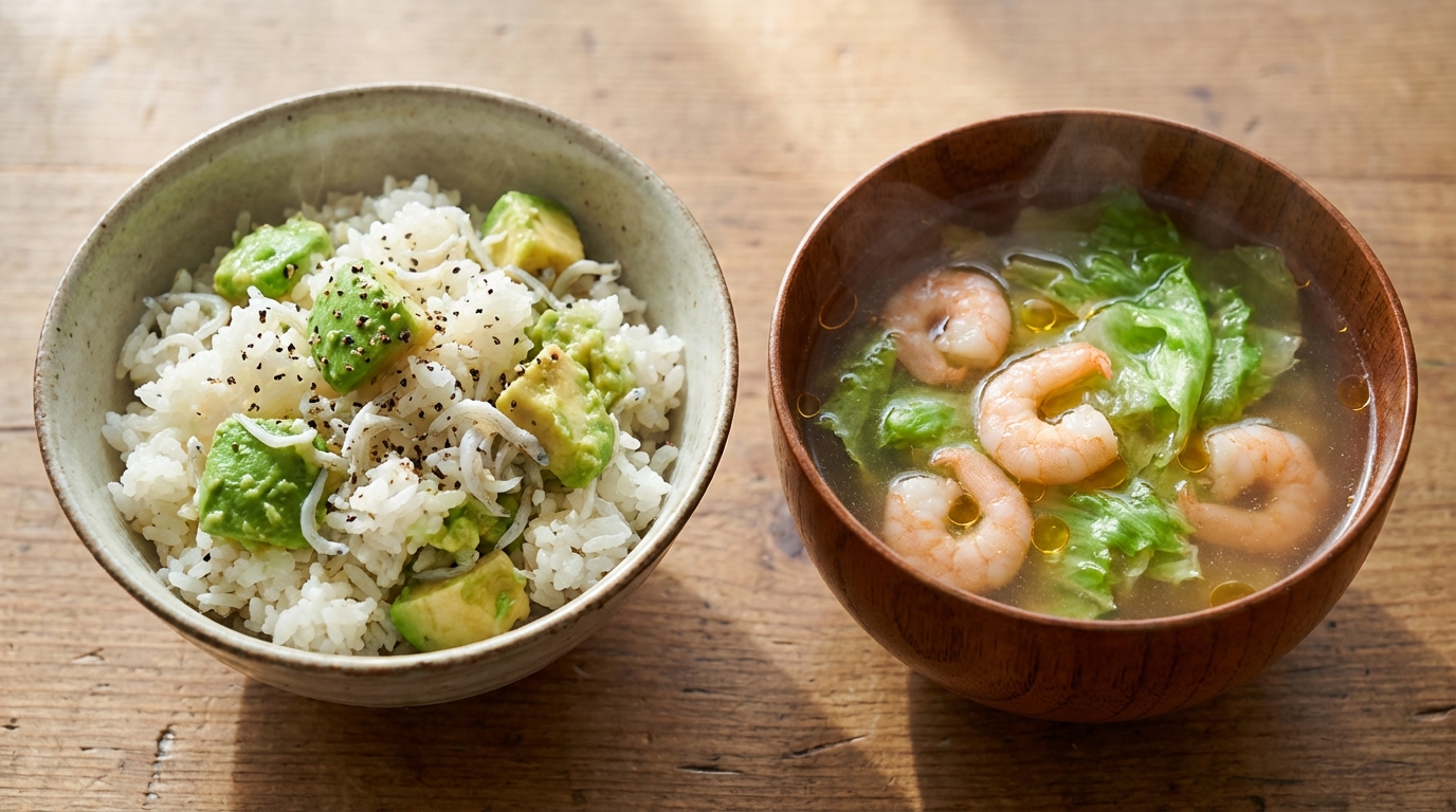 しらすとアボカドのレモン黒こしょう混ぜごはんと、えびとレタスの中華スープ