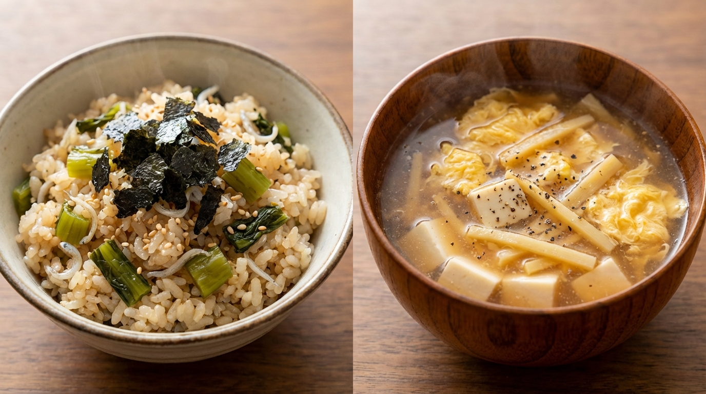 野沢菜としらすの香ばし混ぜごはんと、豆腐とたけのこの酸辣湯風スープ