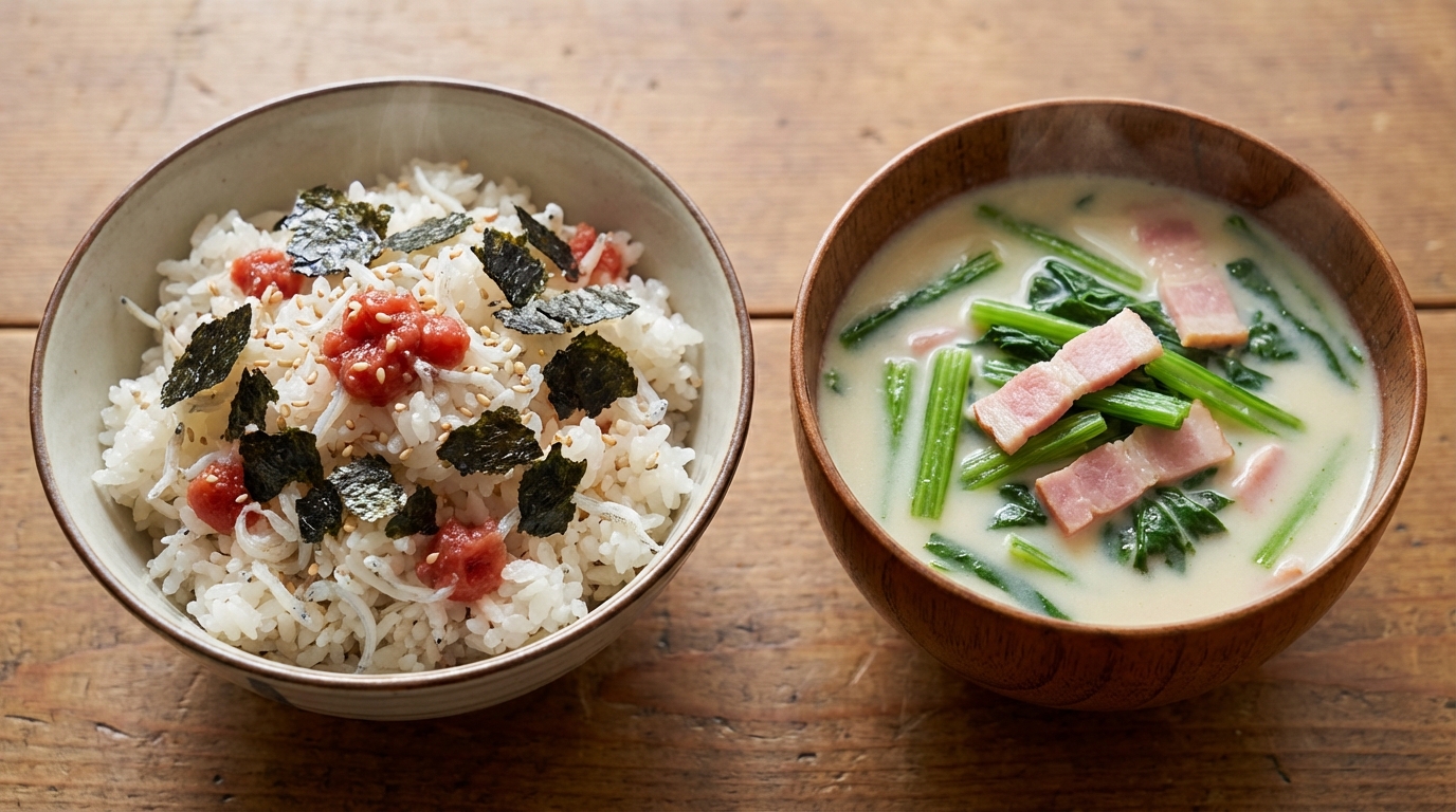 しらすと梅のさっぱり磯の香り混ぜごはんと、ほうれんそうとベーコンのミルクスープ