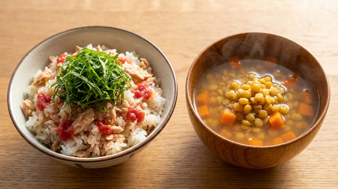 梅香るツナと青じそのポン酢混ぜごはんと、レンズ豆とにんじんのクミンスープ