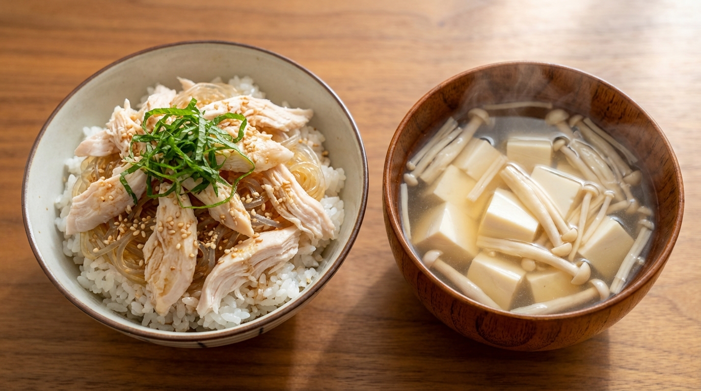 春雨と蒸し鶏のごまポン酢のっけごはんと、豆腐とえのきのすまし汁