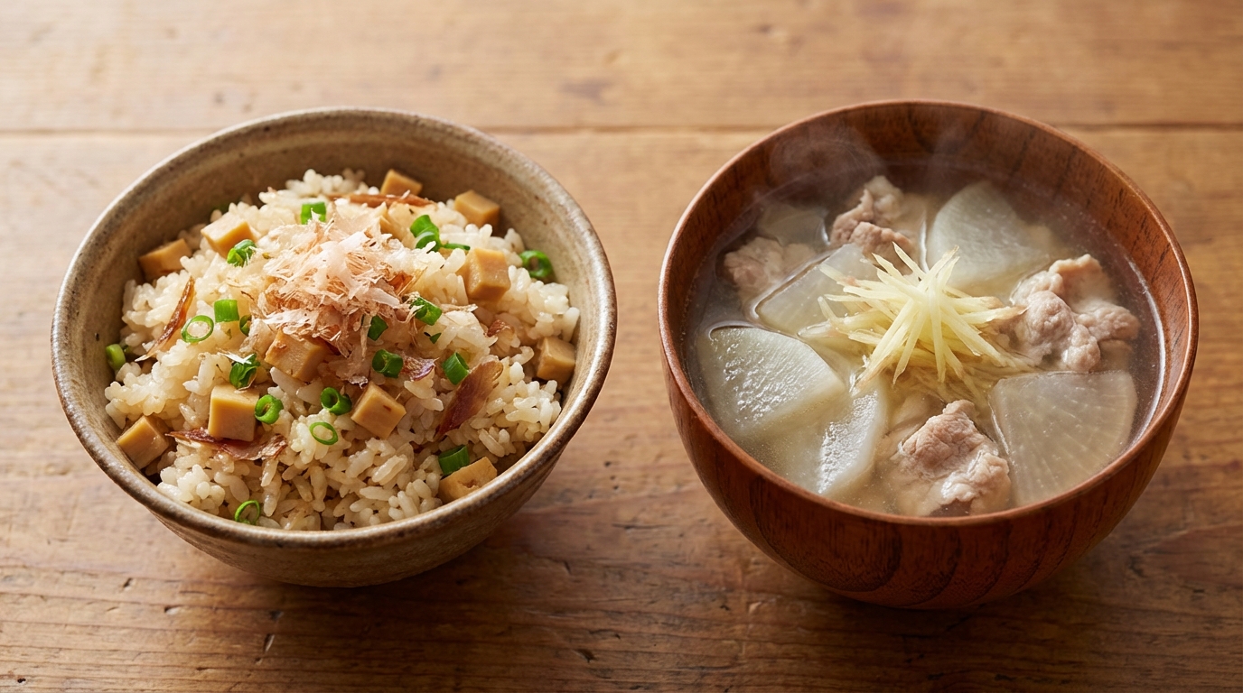たけのことおかかの香ばし混ぜごはんと、豚肉と大根のぽかぽかしょうがスープ