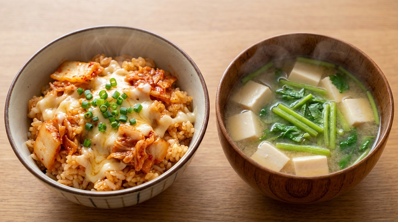 キムチとチーズの旨辛コチュジャン混ぜごはんと、豆腐とせりの彩りみそ汁