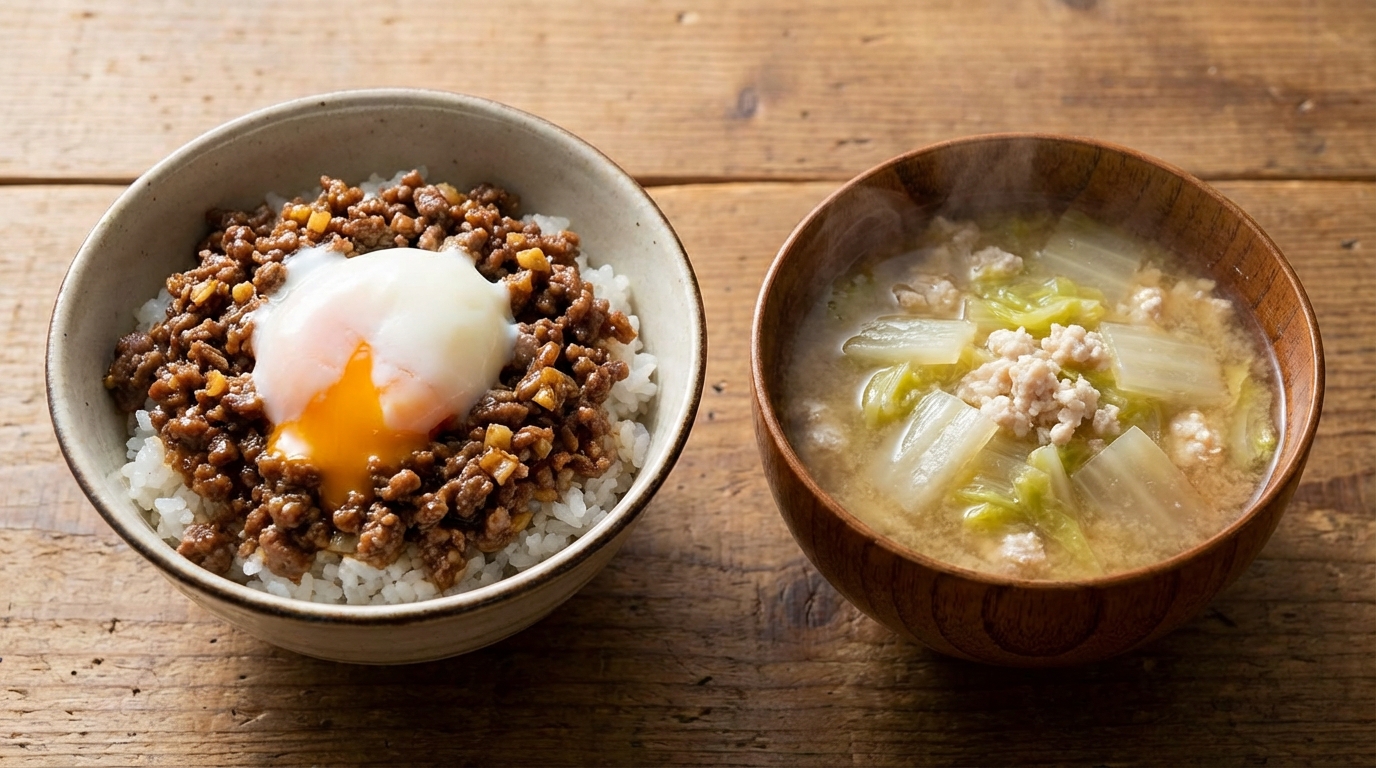 合びき肉のにんにく醤油のっけごはんと、鶏ひき肉と白菜の具だくさんみそ汁