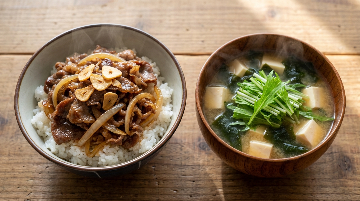 牛こま肉のにんにく醤油のっけごはんと、豆腐と水菜の具だくさんみそ汁
