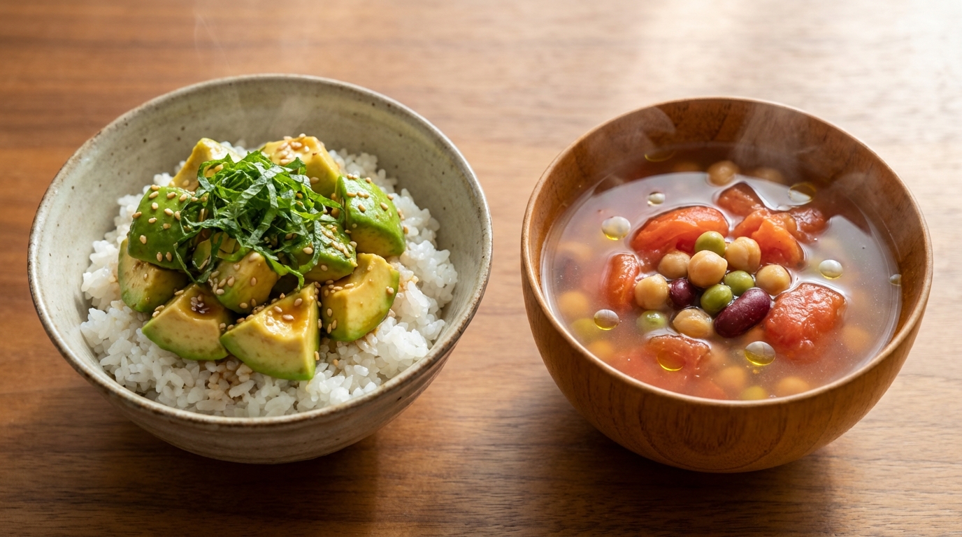 アボカドの香ばしごま醤油のっけごはんと、トマトと豆の和風スープ