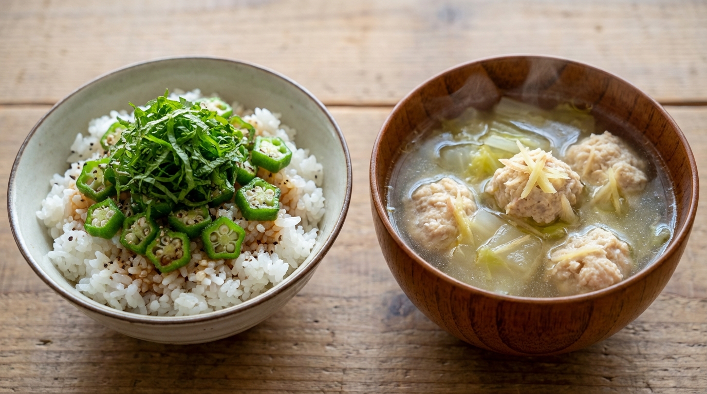 オクラと青じその黒こしょうしょうゆのっけごはんと、鶏だんごと白菜のしょうがスープ