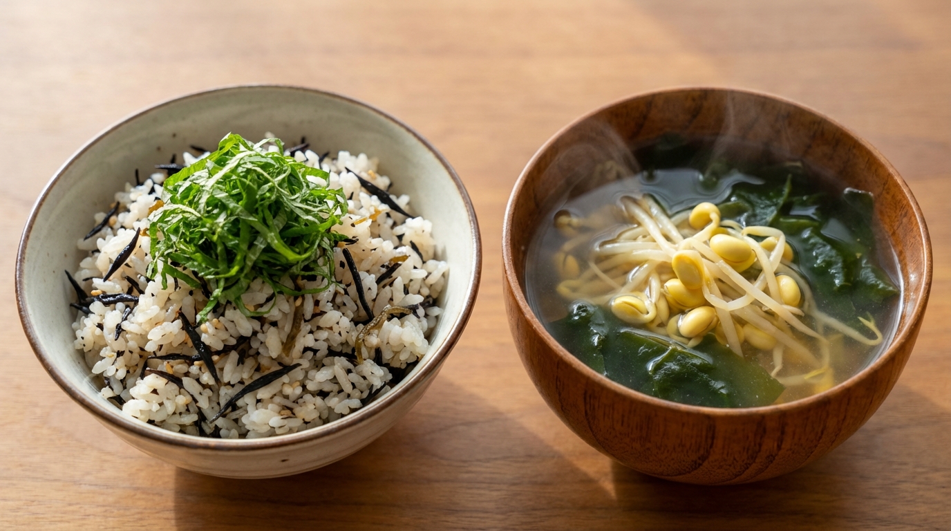 ひじきと塩昆布の香り混ぜごはんと、豆もやしとわかめのすっきりスープ