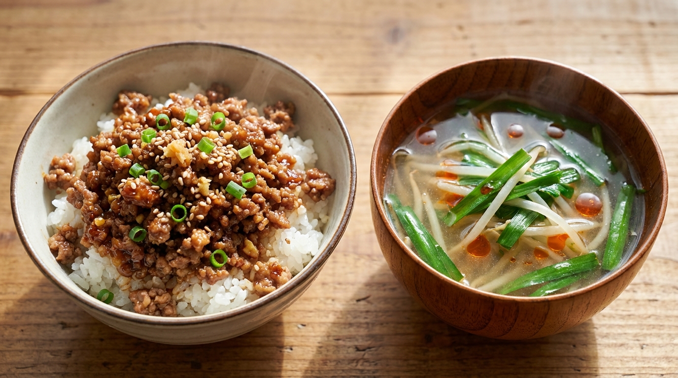 合びき肉の生姜じょうゆのっけごはんと、もやしとにらのピリ辛スープ
