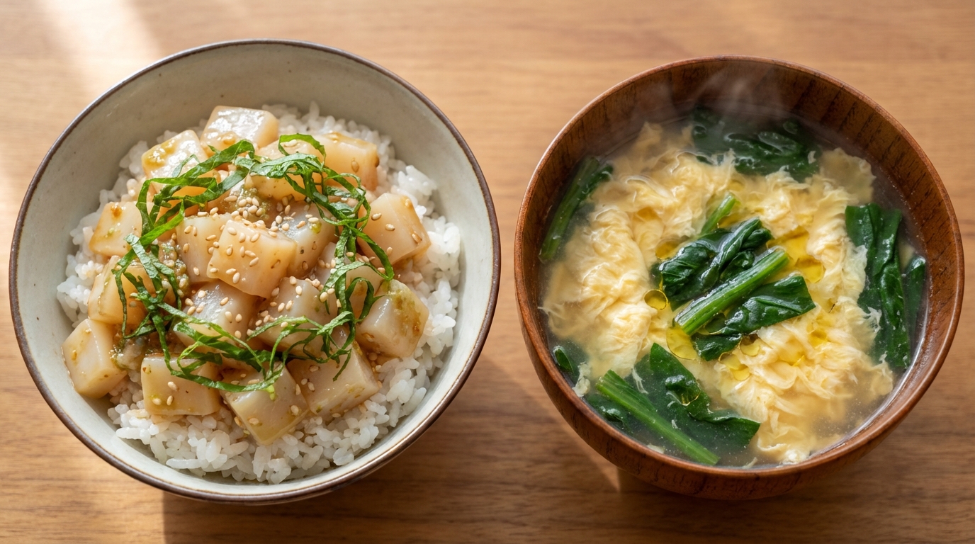 いかの青じそわさびじょうゆのっけごはんと、ほうれんそうと卵の中華風スープ