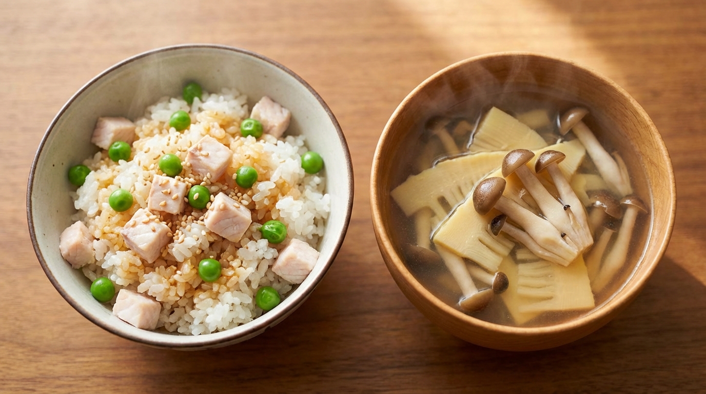 桜鯛とグリーンピースの彩り混ぜごはんと、たけのことしめじの香りすまし汁