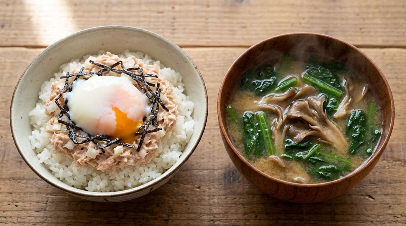 ツナと玉ねぎの塩昆布のっけごはんと、ほうれんそうとまいたけの具だくさんみそ汁