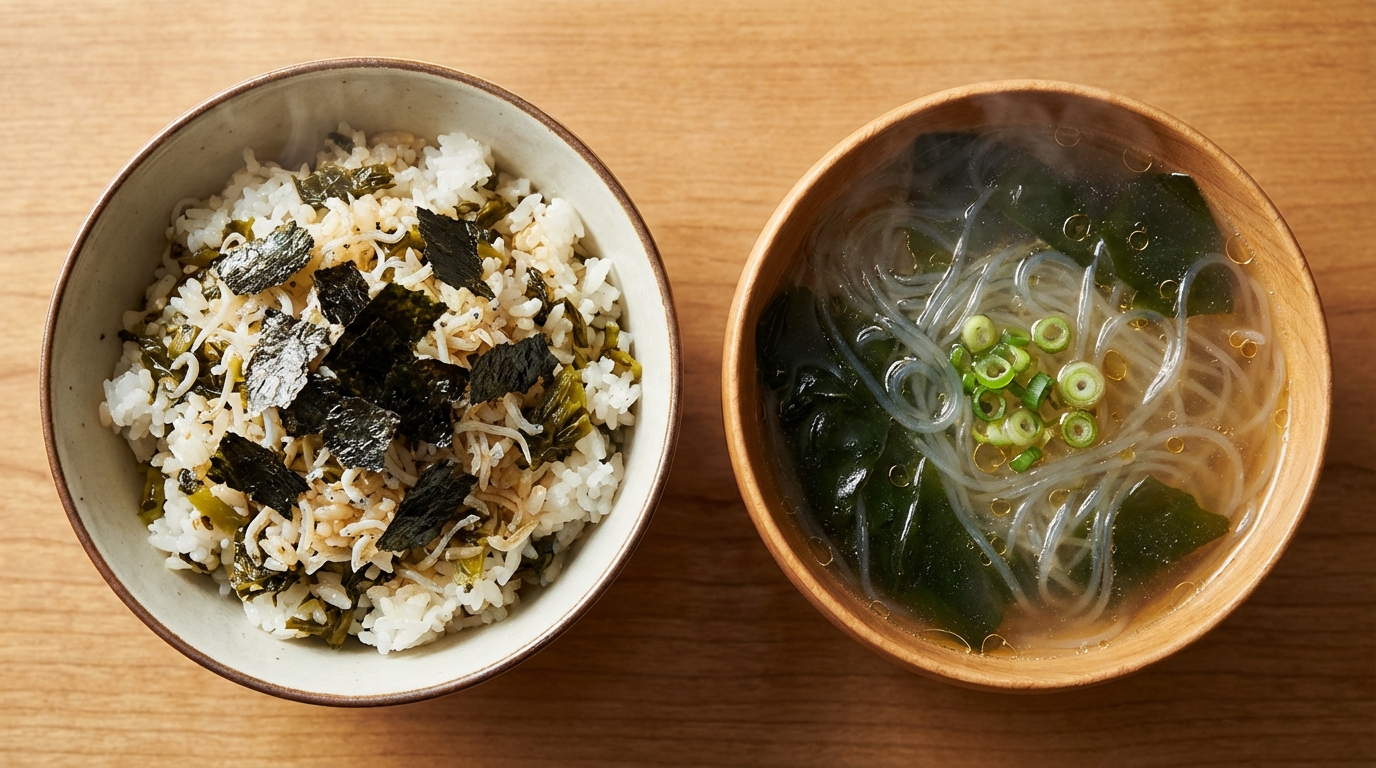 高菜とじゃこの香り混ぜごはんと、春雨とわかめの中華風スープ