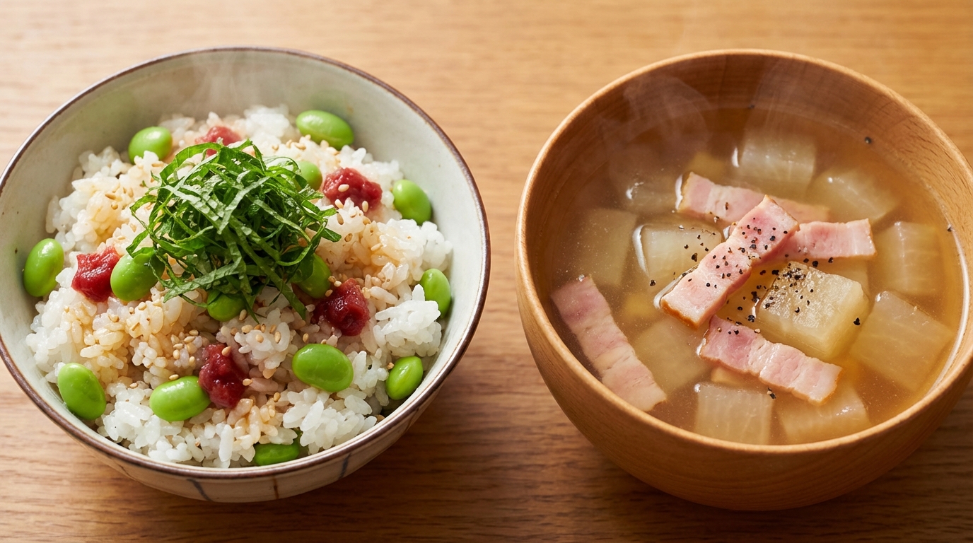 枝豆と梅のさっぱりポン酢混ぜごはんと、大根とベーコンのコンソメスープ