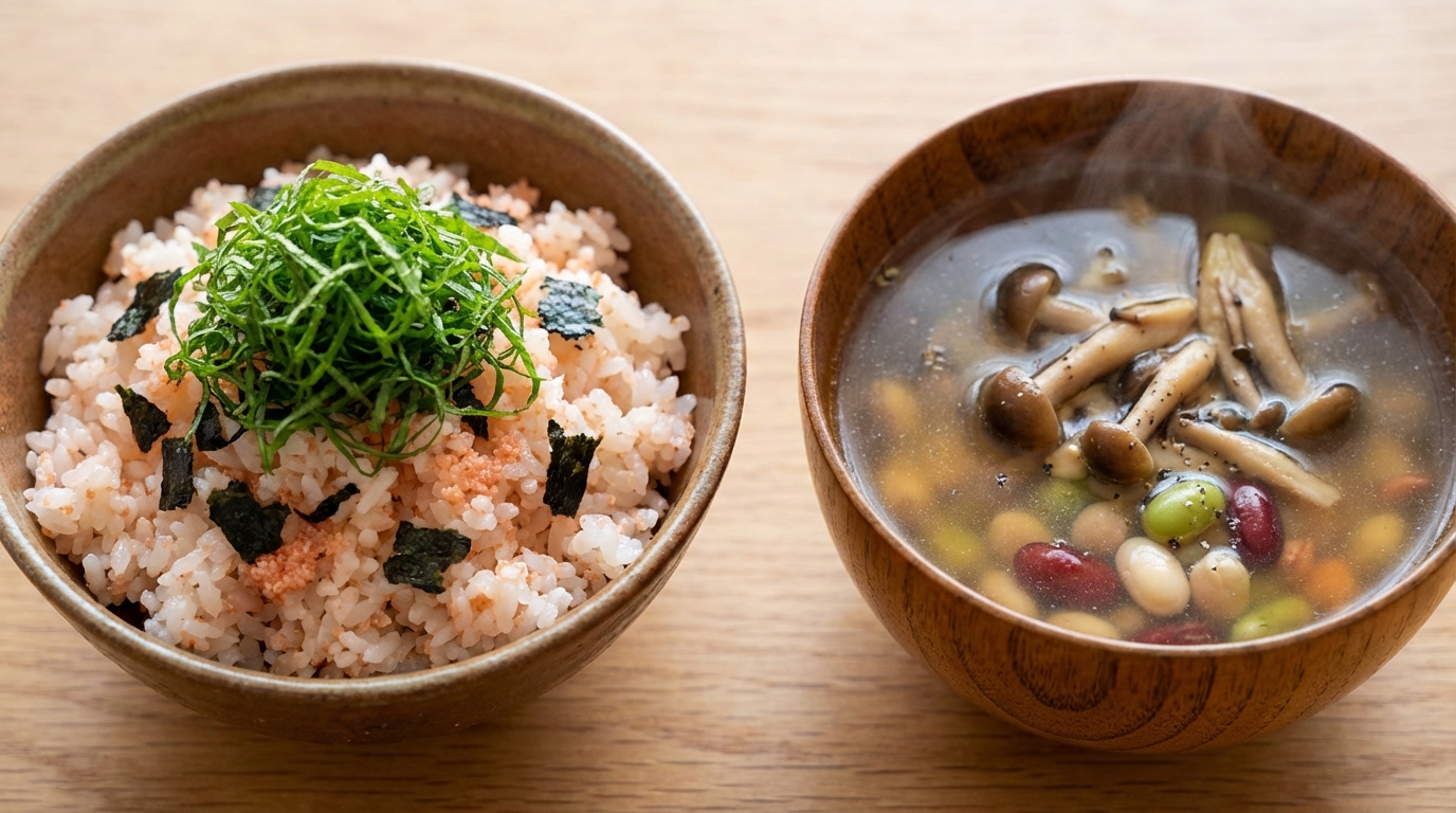 明太子と青じそのレモン混ぜごはんと、しめじと豆のコンソメスープ