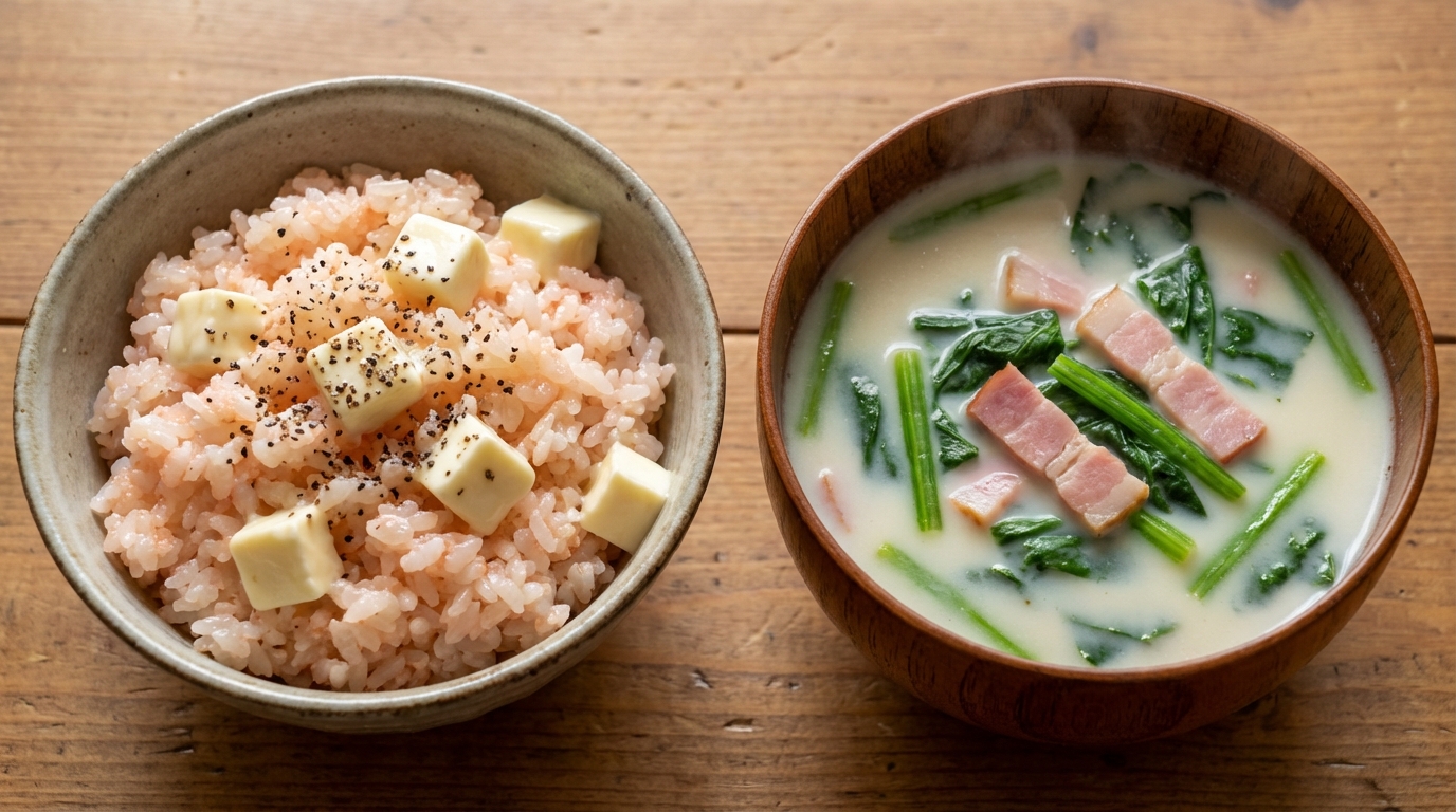 明太子とクリームチーズの黒こしょう混ぜごはんと、ほうれんそうとベーコンのミルクスープ