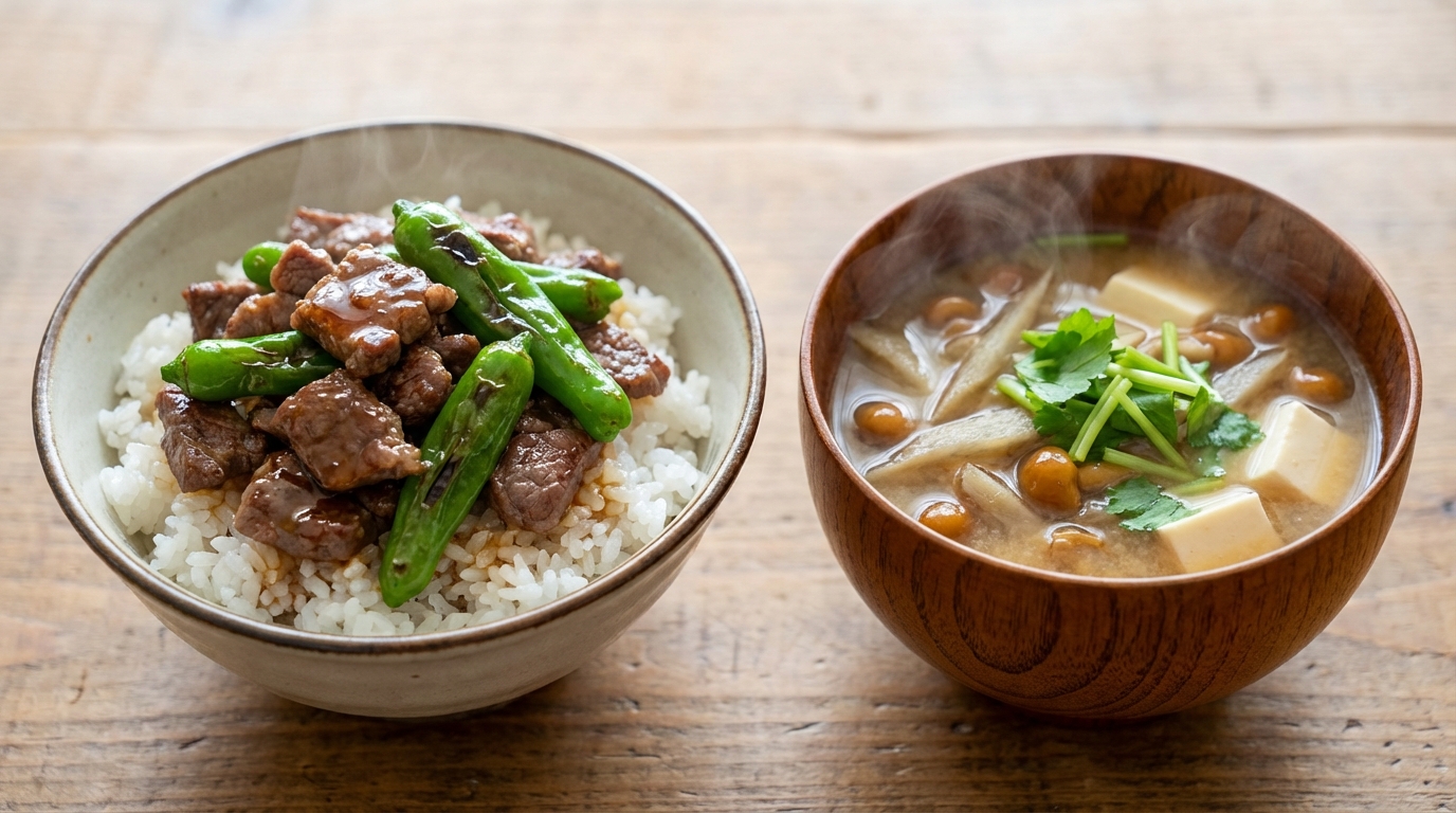 牛こま肉とししとうのさっぱりポン酢のっけごはんと、ごぼうとなめこの香ばしみそ汁