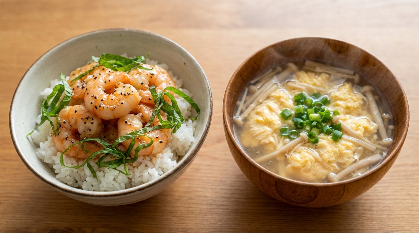 えびのレモン黒こしょうのっけごはんと、えのきのかき玉汁