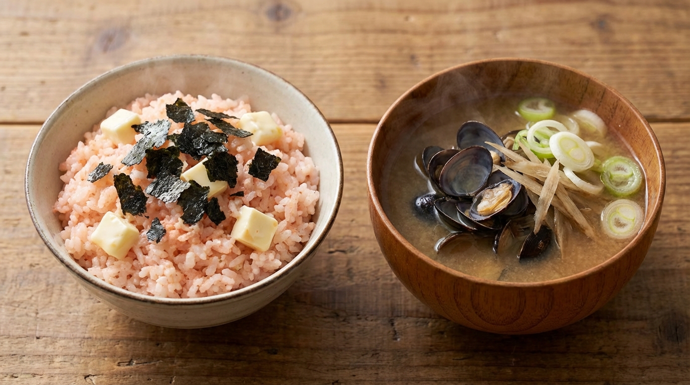 明太子とクリームチーズの濃厚混ぜごはんと、しじみとごぼうの風味豊かなみそ汁