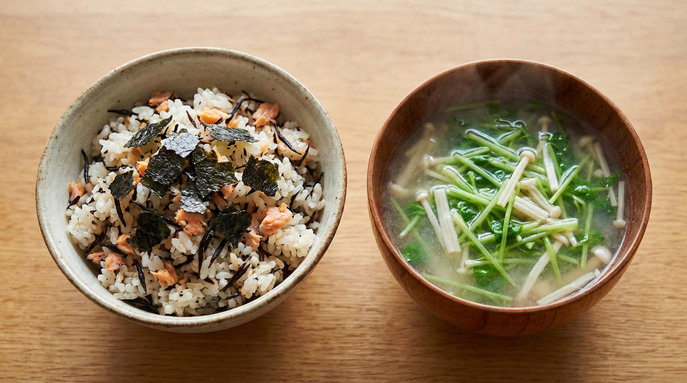 ひじきと鮭フレークの磯香る混ぜごはんと、豆苗とえのきの塩麹スープ
