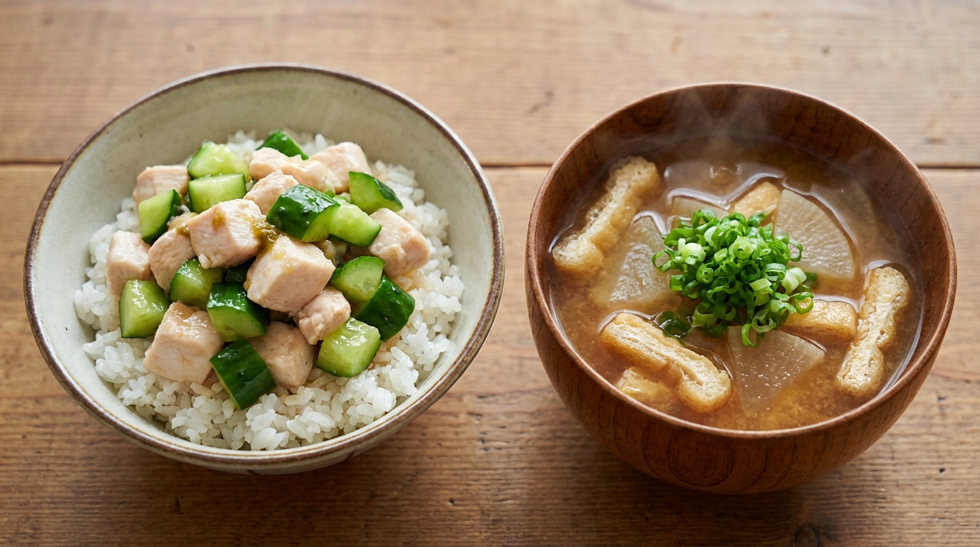 鶏むね肉とゆずこしょうきゅうりのっけごはんと、厚揚げと大根の具だくさんみそ汁