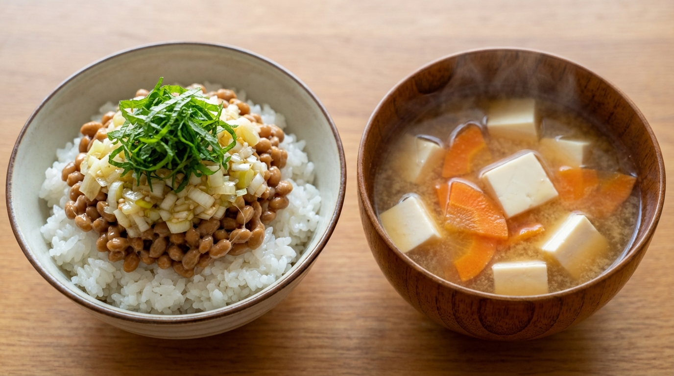 ねぎ塩だれの納豆のっけごはんと、豆腐とにんじんの彩りみそ汁