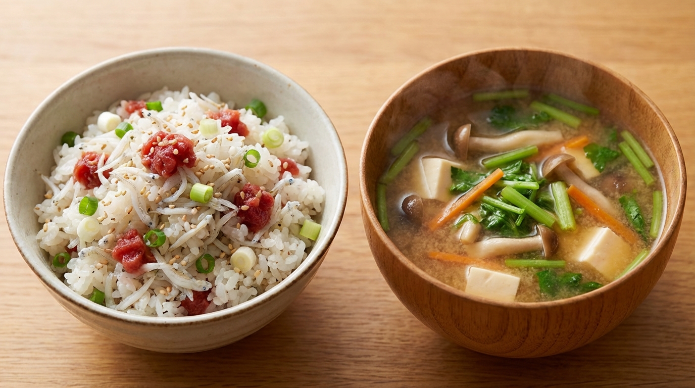 しらすとカリカリ梅のさっぱり混ぜごはんと、豆腐とせりの彩りみそ汁