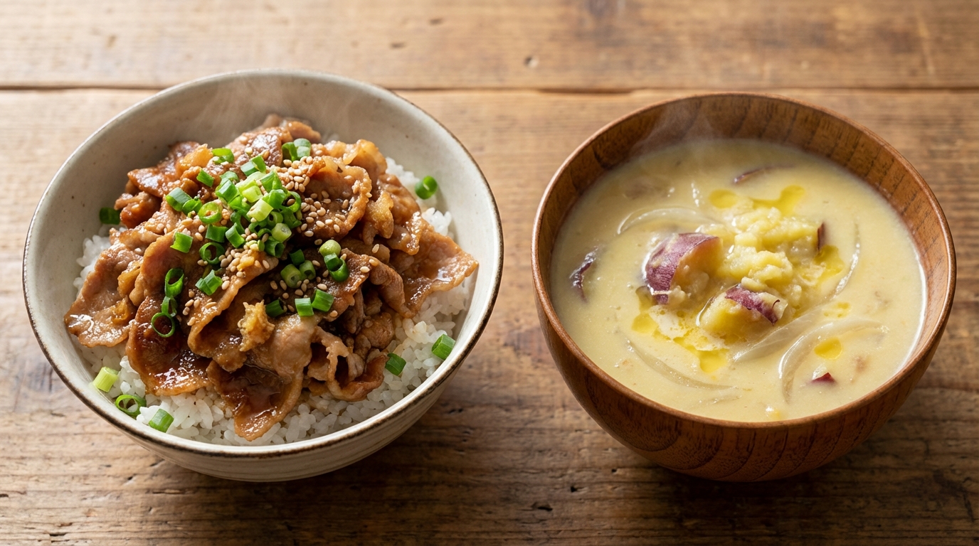豚こま肉の生姜じょうゆのっけごはんと、さつまいもの和風ポタージュ