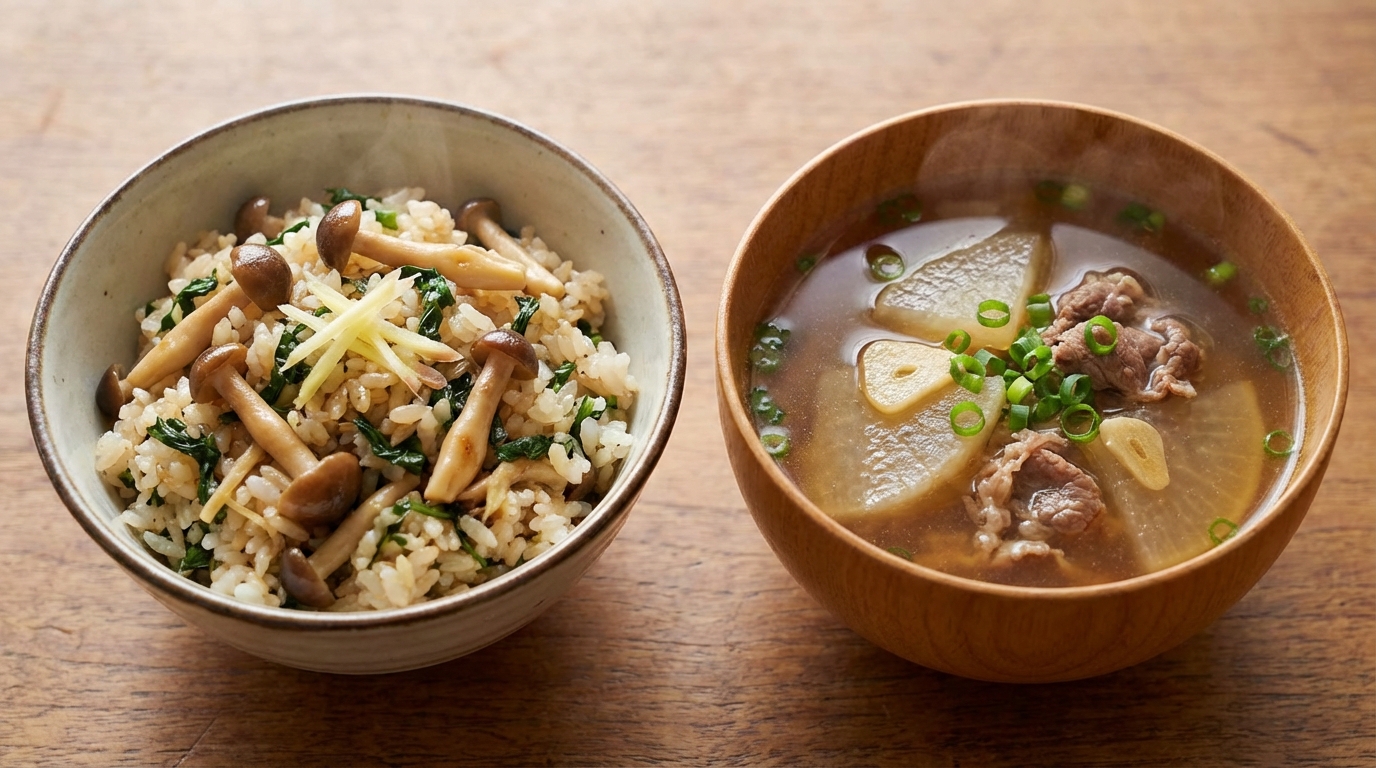 きのこと大根葉のしょうが醤油混ぜごはんと、牛肉と大根のスタミナ醤油スープ