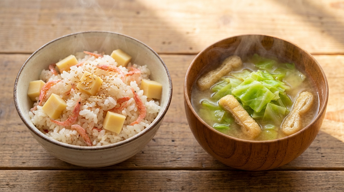 たけのこと桜えびの香り混ぜごはんと、春キャベツと油揚げの具だくさんみそ汁