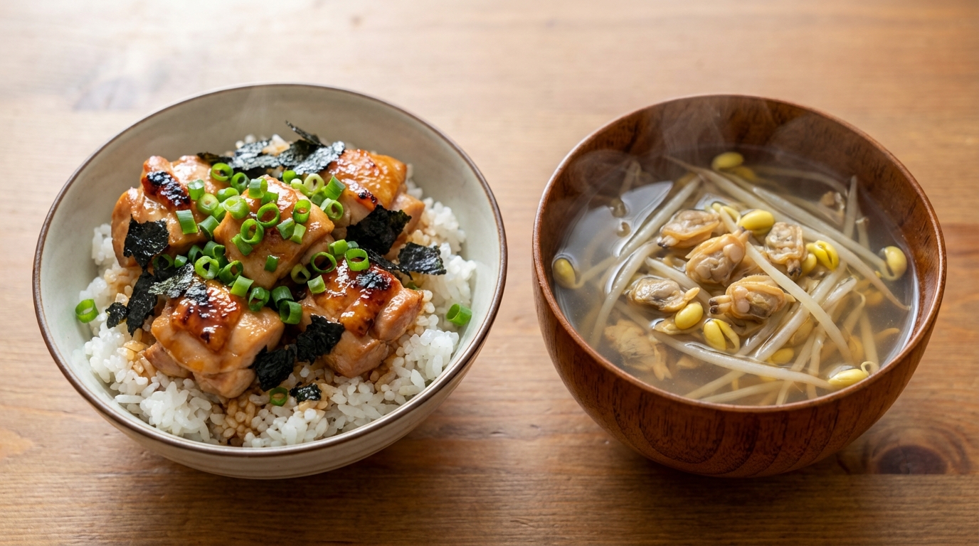 鶏もも肉の生姜じょうゆのっけごはんと、あさりと豆もやしの旨みスープ
