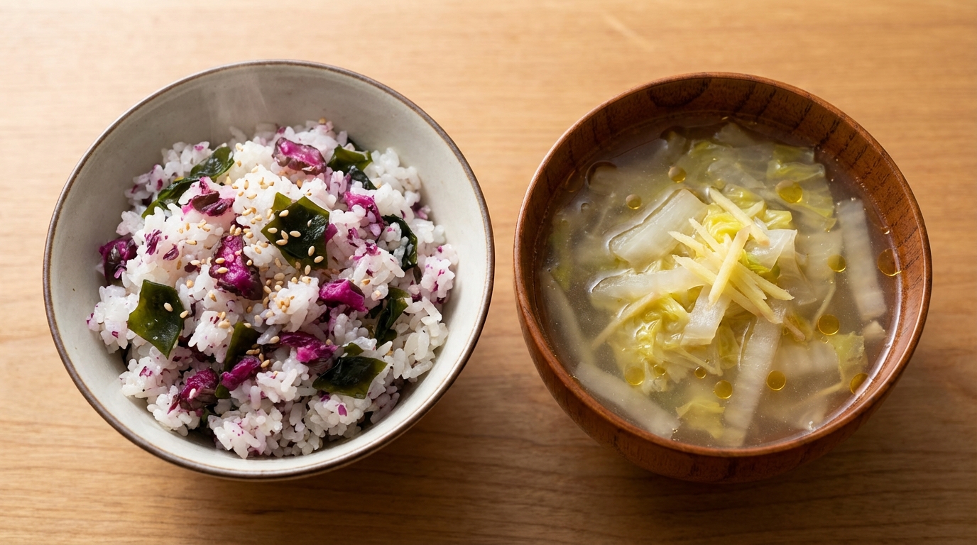 しば漬けとわかめの彩り混ぜごはんと、白菜としょうがの中華風スープ