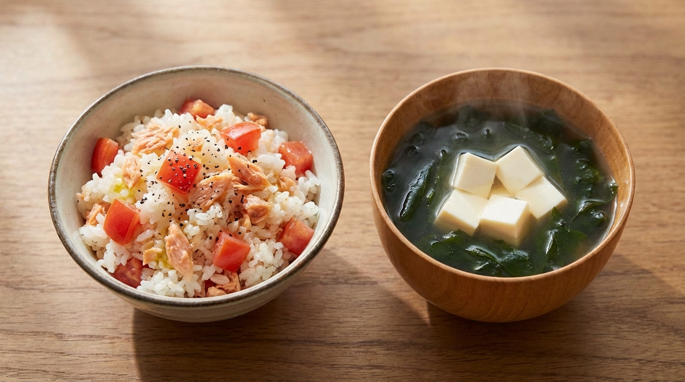 鮭フレークとトマトの洋風混ぜごはんと、わかめと豆腐のすまし汁