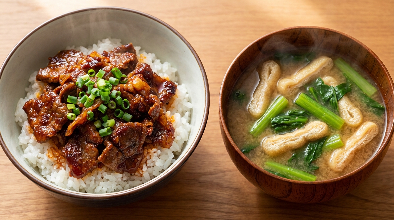 牛こま肉のコチュジャン炒めのっけごはんと、油揚げと小松菜の具だくさんみそ汁