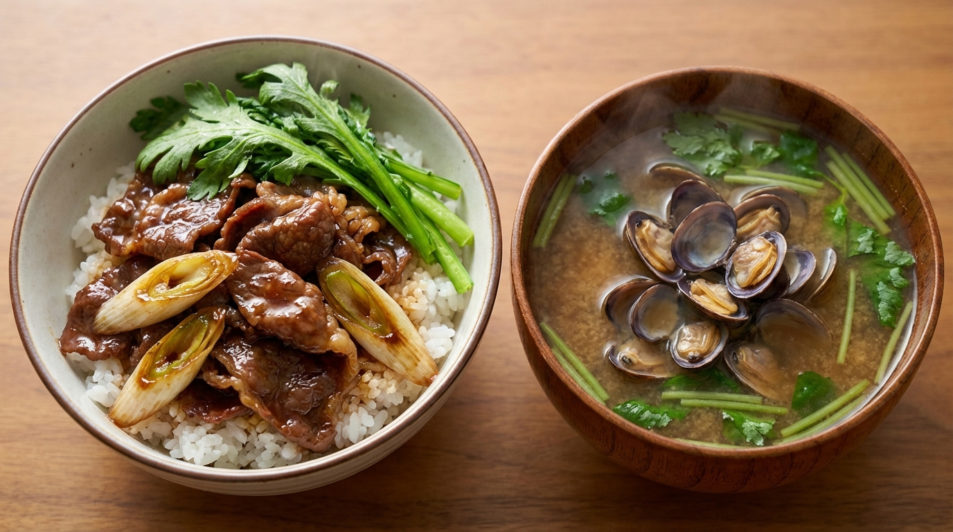春菊香るすき焼き風牛のっけごはんと、しじみと三つ葉の滋味深いみそ汁