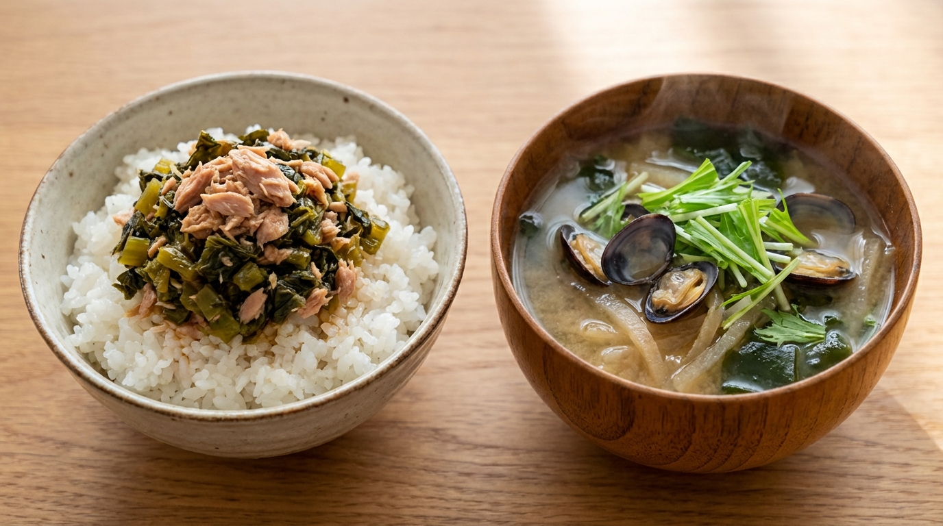 高菜とツナのにんにく醤油のっけごはんと、しじみと大根の滋味深いみそ汁