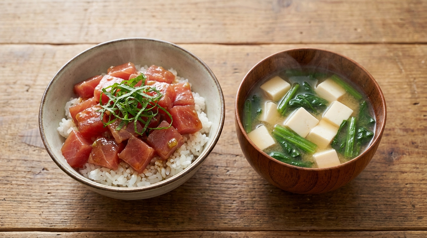 まぐろのわさびじょうゆのっけごはんと、豆腐とほうれんそうの彩りみそ汁