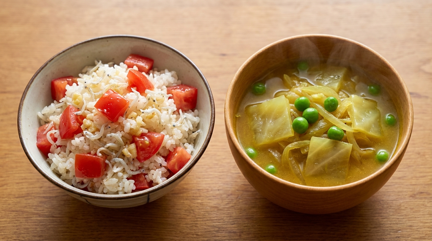 ちりめんじゃことトマトのガーリック混ぜごはんと、キャベツのカレースープ