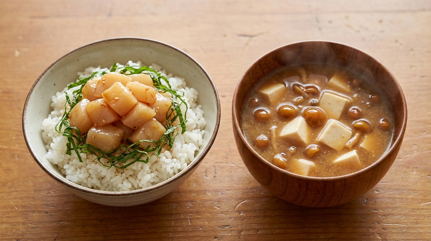 ほたての香ばしごま油のっけごはんと、豆腐となめこのとろみみそ汁