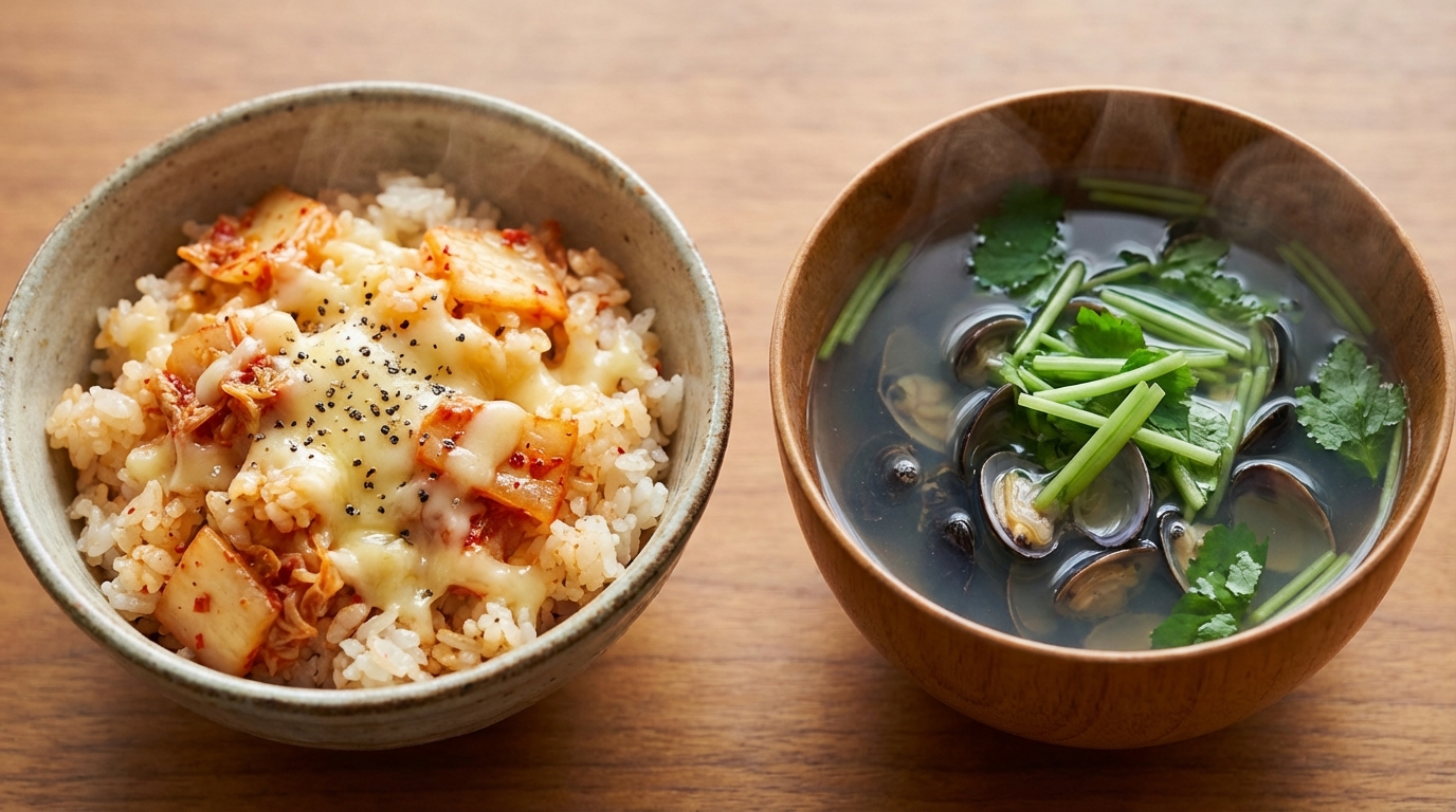 キムチとチーズの黒こしょう混ぜごはんと、しじみのすっきりすまし汁