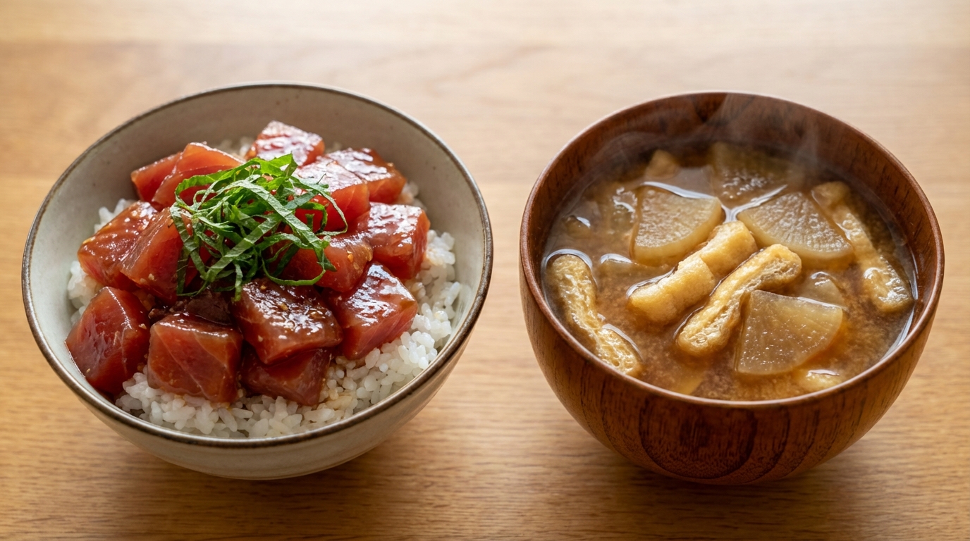 まぐろの青じそごま油のっけごはんと、油揚げと大根の具だくさんみそ汁