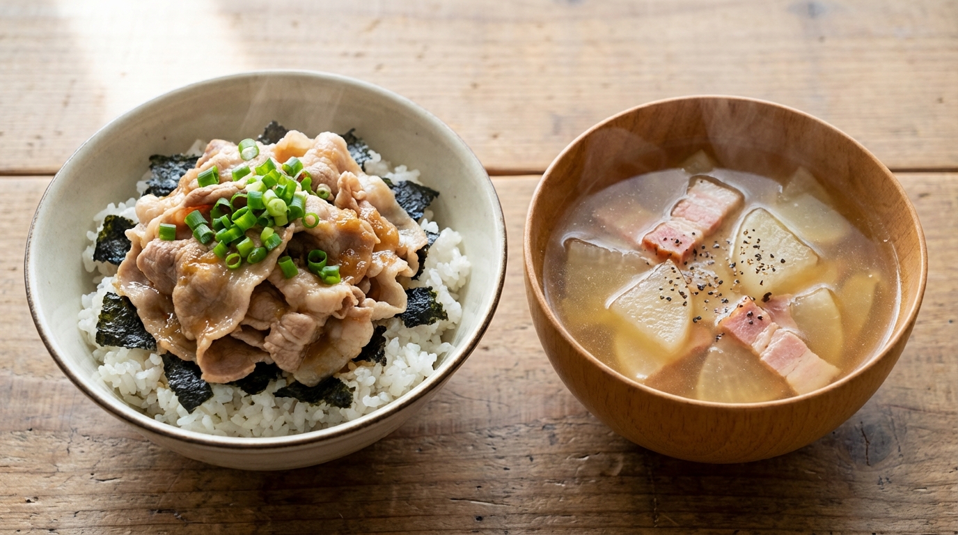 豚しゃぶのしょうがじょうゆのっけごはんと、大根とベーコンのコンソメスープ
